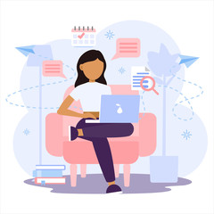 Working at home, coworking space. Freelancer working on laptop at home in quarantine.  Vector flat style illustration isolated on white background.