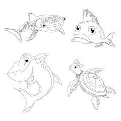 Sea animals and fish coloring book for children contour
