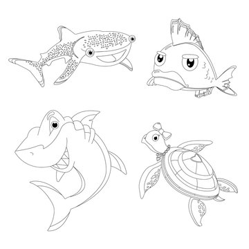 Sea animals and fish coloring book for children contour