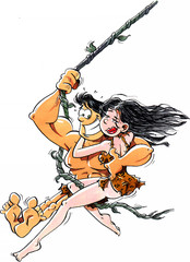 dos personajes de distinto sexo, de aspecto selvatico, se desplazan colgados de una liana en la jungla