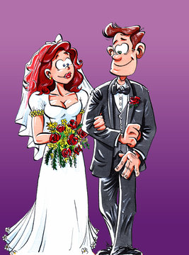 groom and bride get married in a classic religious wedding ceremony, arm in arm, with wedding dress, suit and bouquet of flowers