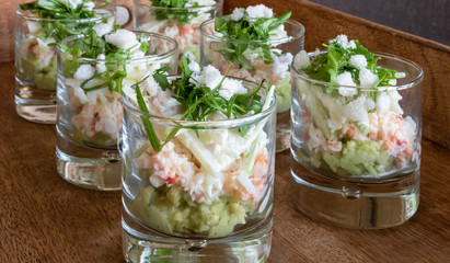 Appetizer with avocado and crab.