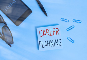 Text sign showing Career Planning. Business photo text Strategically plan your career goals and work success Eyeglasses colored sticky note smartphone cell clips pen pastel background