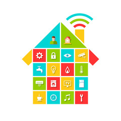 Smart home concept. Colorful house, automation system related icons: security, electricity, water, heating and a set of home and major appliance like refrigerator, air conditioner, washing machine.