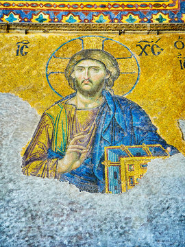 Istanbul, Turkey - July 10, 2018. Detail of the Deesis Mosaic, a Byzantine mosaic located in the upper south gallery of the Hagia Sophia mosque, representing Christ.