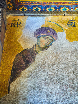 Istanbul, Turkey - July 10, 2018. Detail of the Deesis Mosaic, a Byzantine mosaic located in the upper south gallery of the Hagia Sophia mosque, representing Virgin Mary.