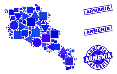 Vector mosaic Armenia map. Geographic scheme in blue color tinges, and dirty round and rectangle seal stamps. Abstract mosaic of Armenia map constructed of round, triangles, square geometric elements.