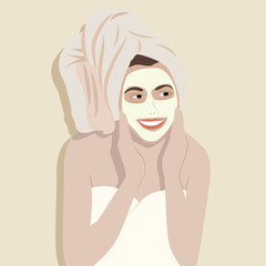 Young happy woman in towel applying face cream and smiling. Girl making facial massage with organic scrub, cleaning skin. Modern vector in flat style. Skin Care concept