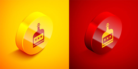 Isometric Alcohol drink Rum bottle icon isolated on orange and red background. Circle button. Vector