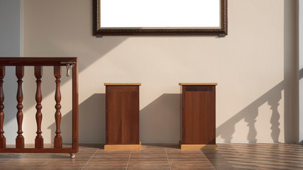 Front view of 2 wooden stands, little sliding gate fence, part of blank picture frame with sunlight and shadow on mastic yellow cement wall background in warm tone style, interior architecture concept
