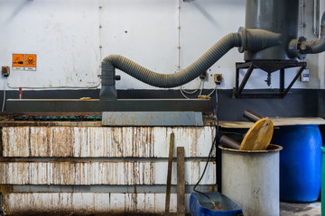 Galvanisierungswanne mit Warnschildern