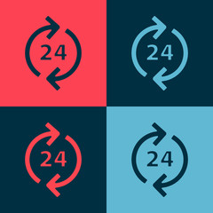 Pop art Telephone 24 hours support icon isolated on color background. All-day customer support call-center. Full time call services. Vector