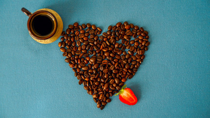 Coffee bean heart, strawberry, morning coffee.