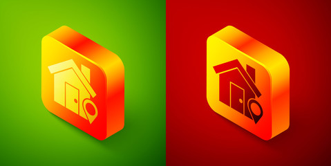 Isometric Map pointer with house icon isolated on green and red background. Home location marker symbol. Square button. Vector