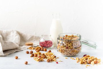 Healthy breakfast set on grey background. The concept of delicious and healthy food. Top view, copy space. 