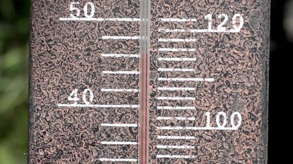 Rustic outdoor weather thermometer measuring/record an extreme heatwave, close up of vintage garden thermometer showing a very high temperature almost 120 Fahrenheit, 50 degrees celsius