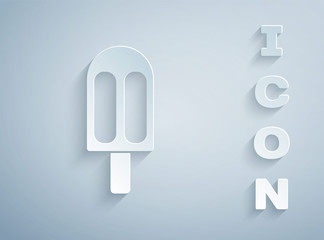 Paper cut Ice cream icon isolated on grey background. Sweet symbol. Paper art style. Vector