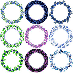 Set of blueberry wreaths; round floral frames for greeting cards, wedding cards, invitations, posters, banners, web design.