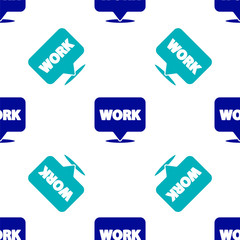 Blue Location with text work icon isolated seamless pattern on white background. Vector