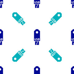 Blue USB flash drive icon isolated seamless pattern on white background. Vector