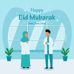 Vector illustration of paramedic, Doctor and Nurse saying Eid al-Fitr Mubarak in hospital
