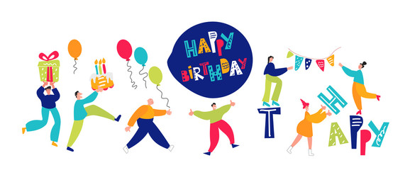 Happy people go to a holiday with a cake and a gift. Girls hang garlands. Birthday greetings for friends vector illustrationHappy people go to a holiday with a cake and a gift. Girls hang garlands. 