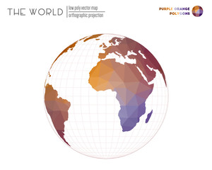 Low poly world map. Orthographic projection of the world. Purple Orange colored polygons. Amazing vector illustration.