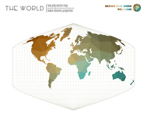 Polygonal world map. Baker Dinomic projection of the world. Brown Blue Green colored polygons. Stylish vector illustration.