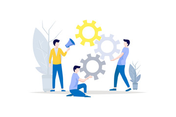 Business concept. Team metaphor.people lift gear.Vector illustration flat design style. Symbol of teamwork, cooperation, partnership.