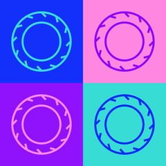 Pop art line Car tire wheel icon isolated on color background. Vector