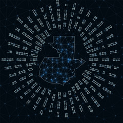 Guatemala digital map. Binary rays radiating around glowing country. Internet connections and data exchange design. Vector illutration.