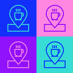 Pop art line Location with coffee cup icon isolated on color background. Vector