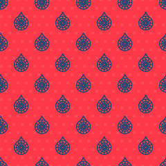 Blue line Classic dart board and arrow icon isolated seamless pattern on red background. Dartboard sign. Game concept. Vector