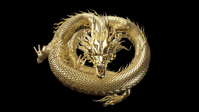 Full body gold dragon in coin body pose with 3d rendering include alpha path.