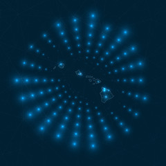Hawaii digital map. Glowing rays radiating from the island. Network connections and telecommunication design. Vector illustration.