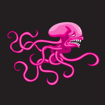 octopus pink cartoon on black isolated background. Vector image