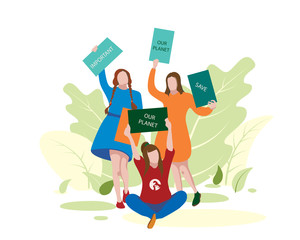 People protesting. Three activists holding placards.  Environmental activist.