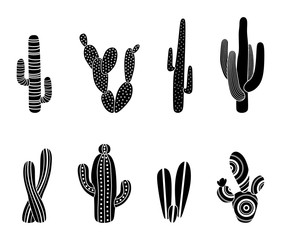 Black silhouettes of cacti , succulents, aloes. Vector illustration of flora isolated on a white background. Cactus icons. Mexican desert cactus, tropical plants , summer garden.  Cactus hand drawn