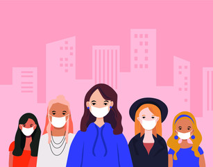 People women wearing protective medical mask among viruses in city at day. Illustration about Coranavirus (Covid-19). Stay save, keep distance.