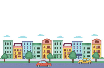 Cityscape. Urban landscape with buildings, car and taxi cab. Flat style. Vector illustration