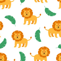 Tropical cute seamless pattern with wild animal lion and palm leaves. Scandinavian style. Vector illustration