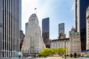 Fototapeta na wymiar NEW YORK CITY - Apr 17: Grand Army Plaza in New York on April 17; 2020. Grand Army Plaza lies at the intersection of Central Park South and Fifth Avenue in front of the Plaza Hotel in Manhattan.