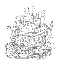 Fantasy city. Fairytale concept for adult coloring book, print, postcard. Vector outline illustration with doodle and zentangle elements. Hand-drawn, stylized doodle composition.
