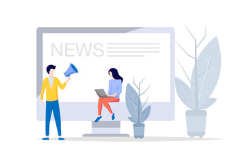 A woman is reading news on a laptop and computer. Vector illustration of headline news concept.