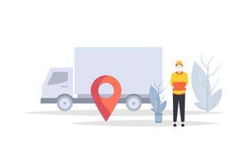 Delivery of goods during the prevention of coronovirus, Covid-19. Courier in a face mask with a box in his hands.vector flat illustration.