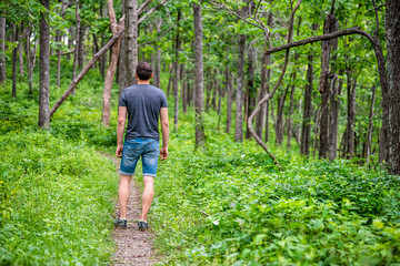 Appalachian nature trail footpath with man hiking in Shenandoah Blue Ridge mountains with green grass lush foliage on path