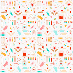 Medical flat icons set. Science symbols vector seamless pattern.