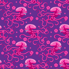 Cotton fabric seamless pattern of octopus monster pink flowers on purple background. Vector image
