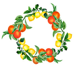 Watercolor illustration hand-painted round frame with oranges and lemons for invitations.