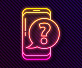 Glowing neon line Mobile phone with question icon isolated on black background. Vector Illustration